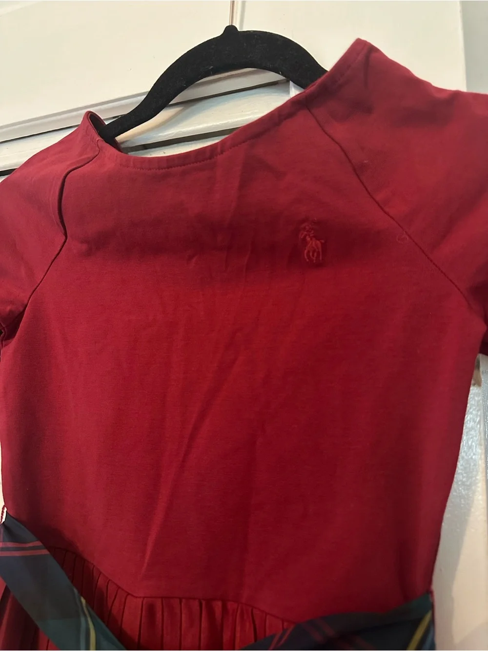 Ralph Lauren Girls' Deep Red Pleated Dress with Tartan Sash